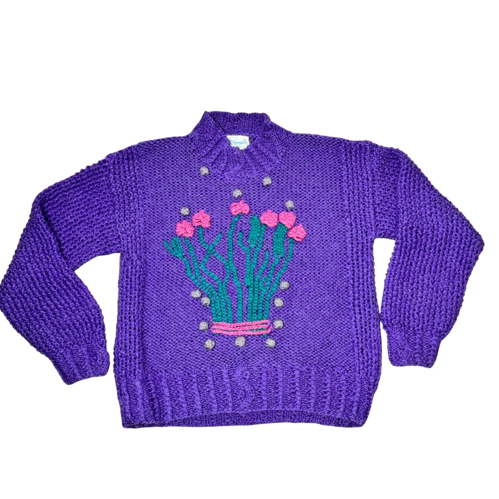 Vintage Pappagallo Sweater Size Medium Handknit Wool Acrylic Floral Embroidered